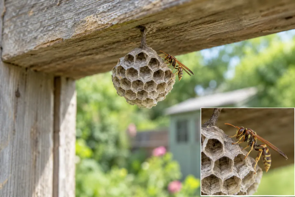 Une guêpe papetière posée sur le rebord d’un nid ouvert en papier, sous un avant-toit en bois, avec un encart rapproché.