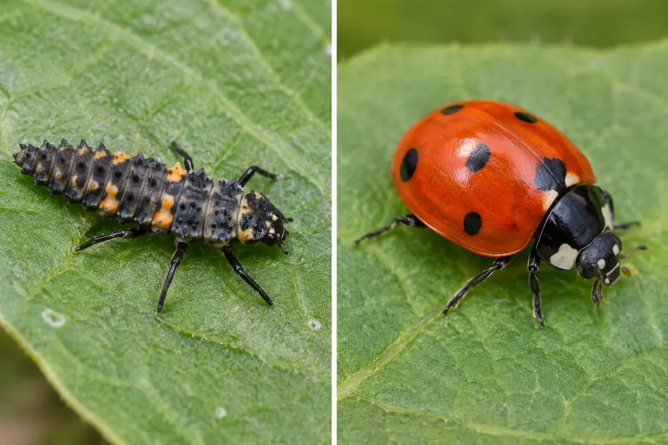 Una larva di coccinella scura e spinosa accanto a una coccinella adulta rossa e tondeggiante.