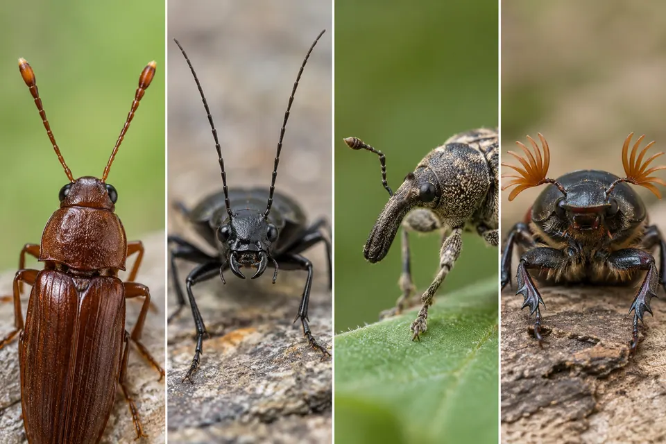 Coleotteri con antenne a clava, filiformi, geniculate e a lamelle, mostrati uno accanto all'altro.