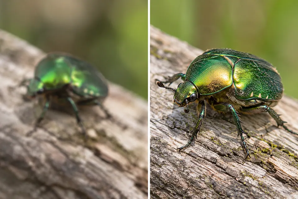 Un coleottero verde fuori fuoco accanto a una foto nitida del corpo metallico e delle zampe.