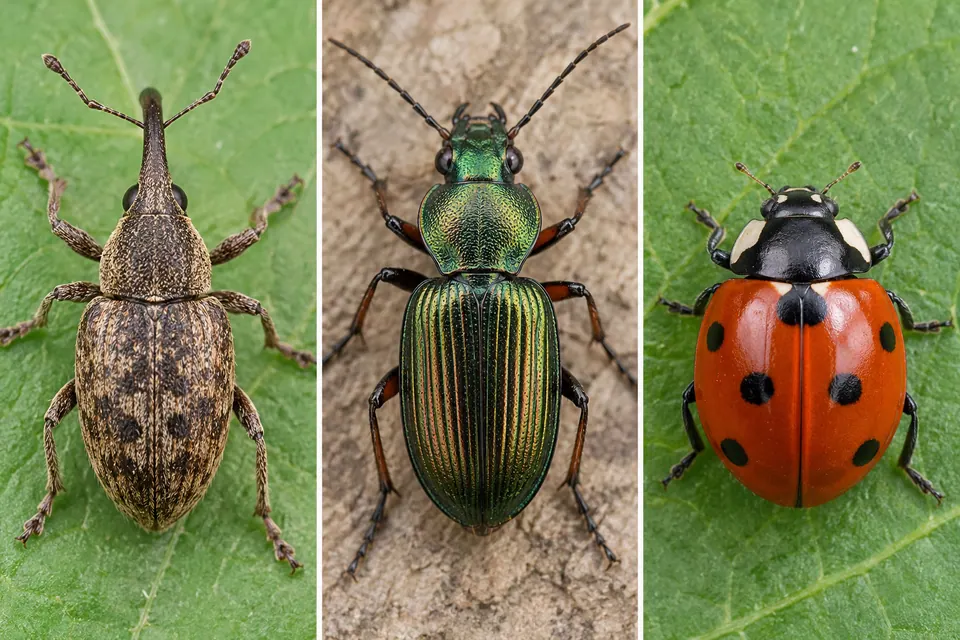 Il rostro di un curculionide, il pronoto largo di un carabide e la testa in parte nascosta di una coccinella.
