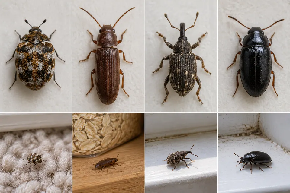 Un dermestide screziato, un coleottero bruno e stretto, un curculionide e un coleottero nero in ambienti interni.