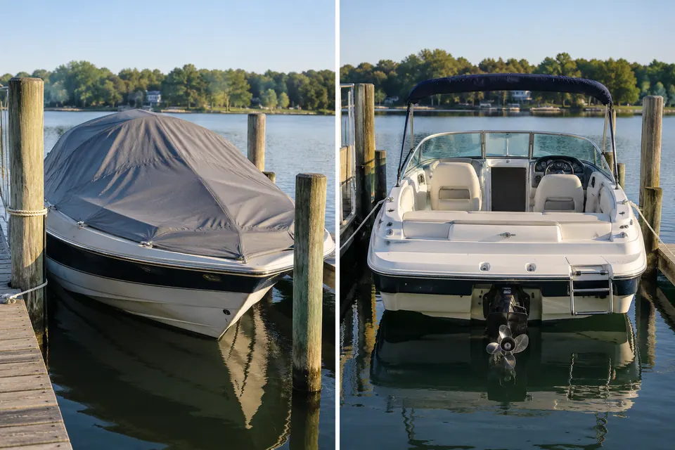Una barca coperta, in parte nascosta dai pali del pontile, è messa a confronto con una poppa scoperta che mostra sedute, una scaletta da bagno e l'elica dell'entrofuoribordo.