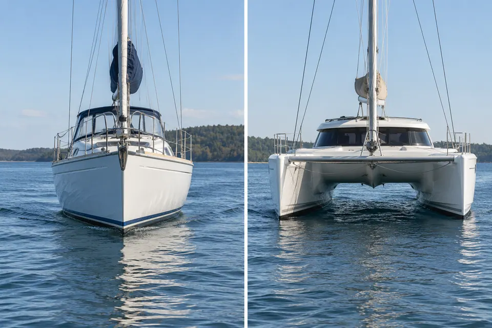 Viste di prua confrontano lo scafo singolo di una barca a vela con i due scafi paralleli di un catamarano e lo spazio aperto sotto il ponte di collegamento.