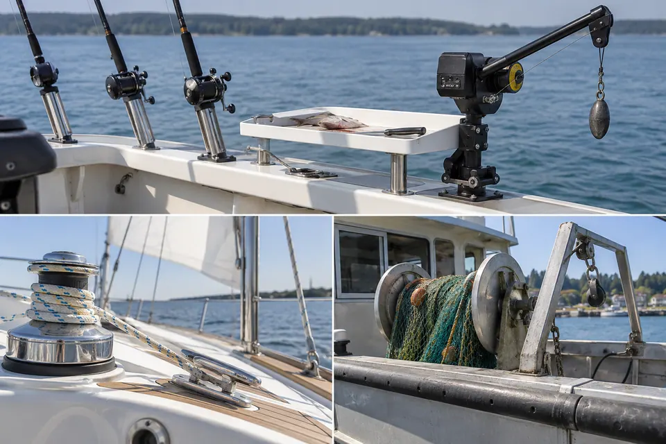 Dettagli di canne da pesca e di un downrigger sopra un pozzetto aperto, di un verricello di barca a vela e di un rullo per reti con attrezzatura di sollevamento su una barca da lavoro.