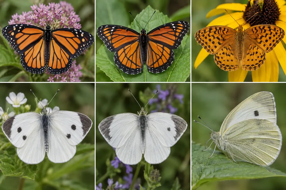Papillons orange aux marques noires variées et papillons blancs aux pointes sombres et aux taches