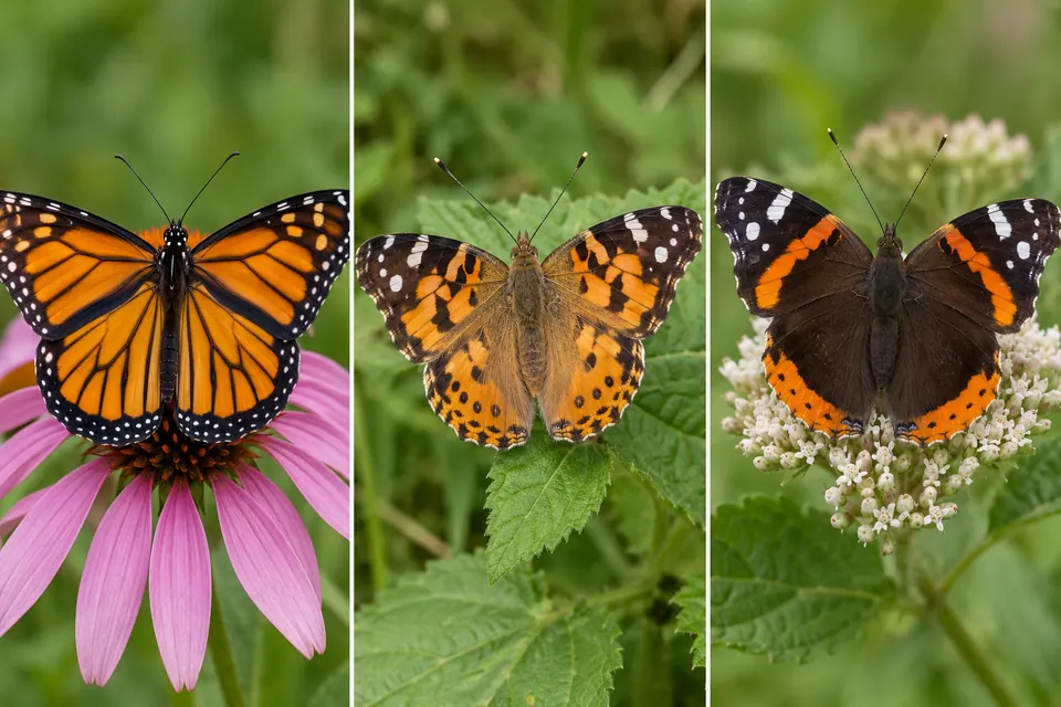 Trois papillons orange et noir présentant des nervures, des taches et des bandes d'ailes différentes
