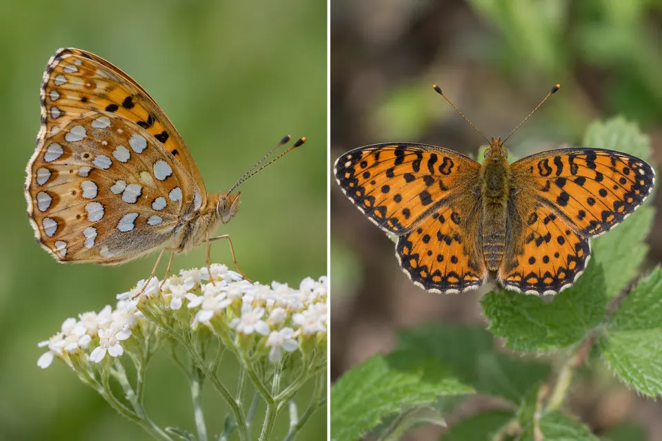 Vues de profil et de dessus d'un papillon orange montrant les taches argentées du revers et les marques sombres du dessus