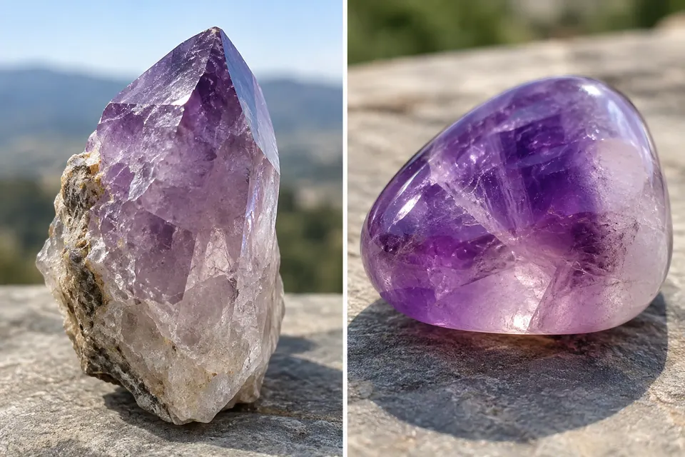 Una punta viola grezza inclinata accanto a una pietra viola lucida e arrotondata, entrambe con zone interne più chiare e più scure.