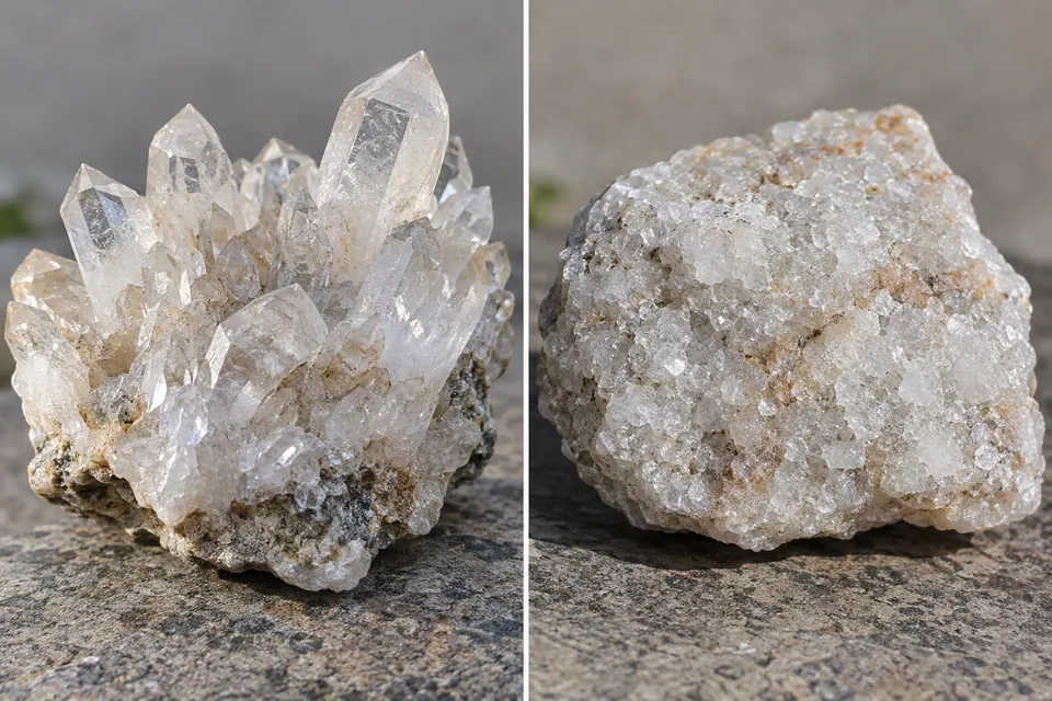 Cristalli trasparenti appuntiti e distinti su un'unica base grezza, accanto a un grumo chiaro di grani scintillanti compattati.