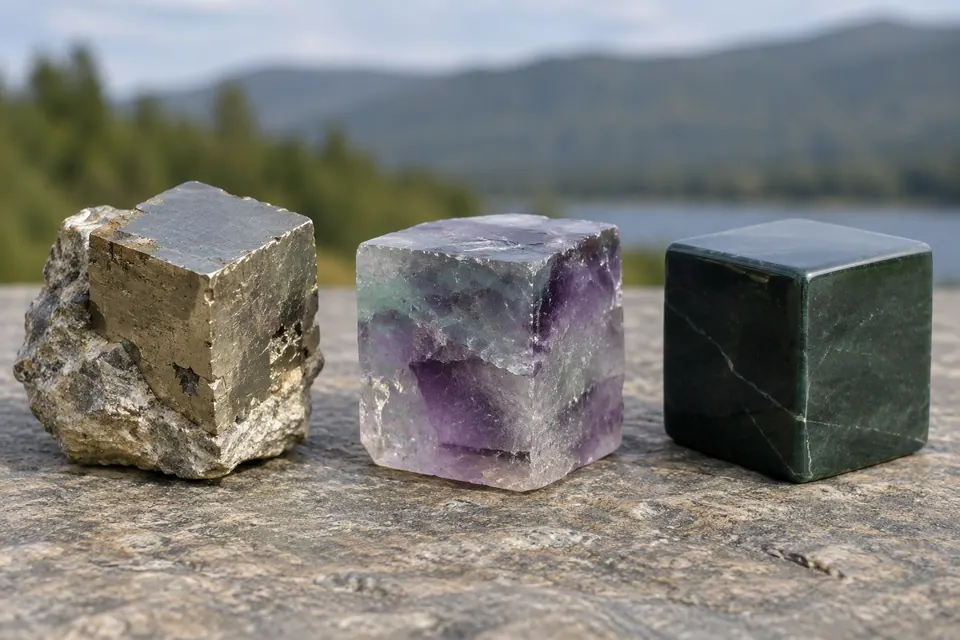 Un cubo color oro su una base grezza, un pezzo viola marezzato a forma di cubo e un cubo verde scuro con facce lucidate in modo uniforme.