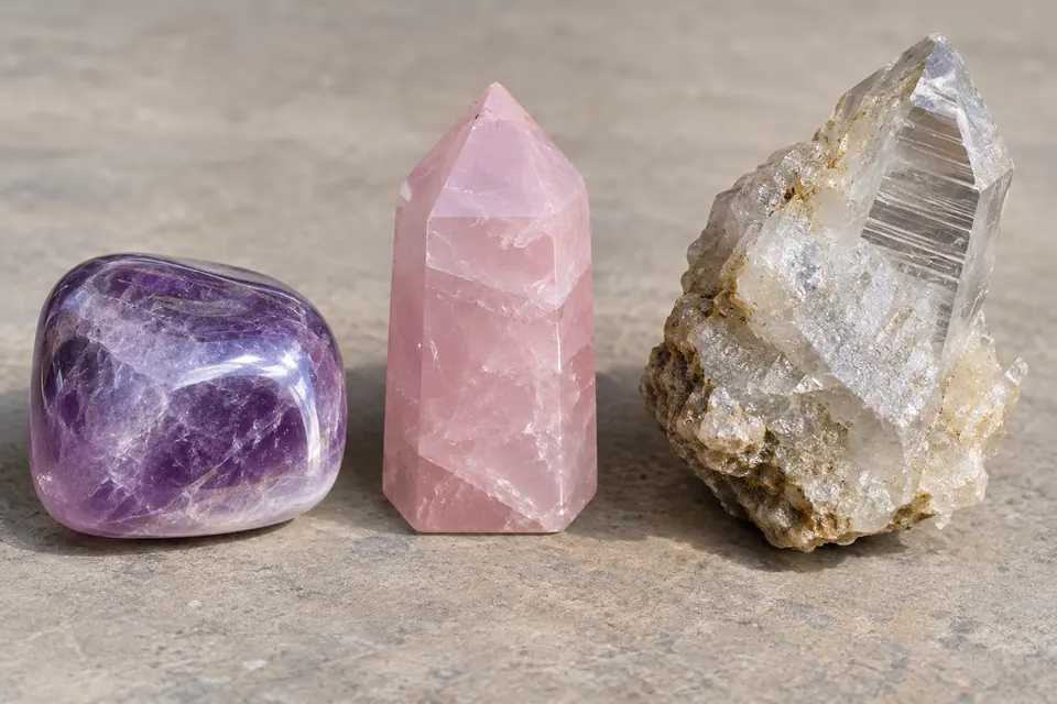Una pietra viola lucida e arrotondata e una punta rosa di forma regolare accanto a una punta trasparente striata fissata a una base grezza.