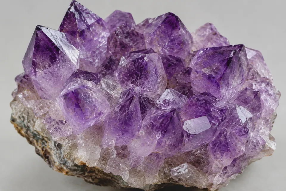 Un cluster di cristalli viola riempie l'inquadratura, mostrando punte sovrapposte, interni velati, bordi scheggiati e una base chiara e ruvida.