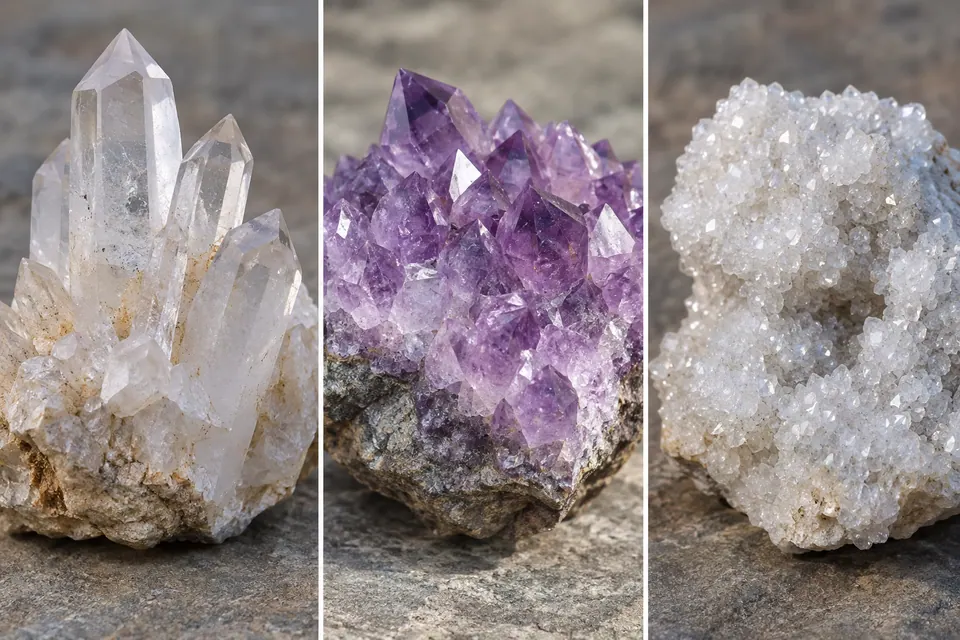Cristalli trasparenti appuntiti, cristalli viola appuntiti e una fine crosta bianca scintillante crescono su basi grezze separate.