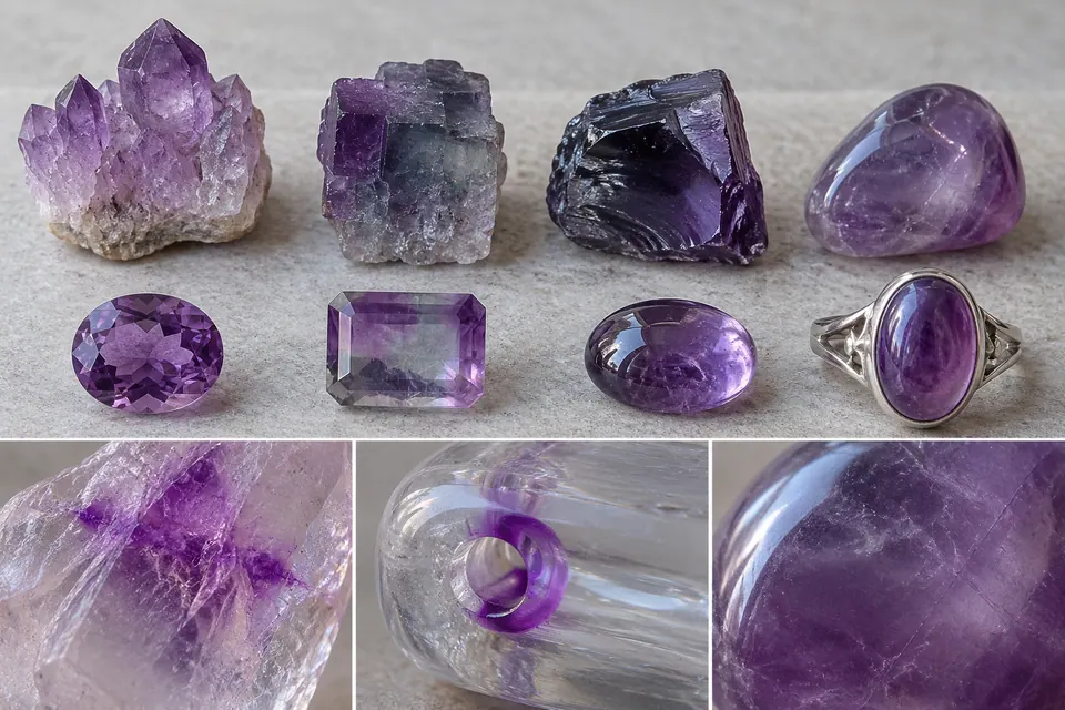 Pezzi viola grezzi, forme lucidate, pezzi sfaccettati e un ovale montato, con primi piani di colore e dettagli della superficie.