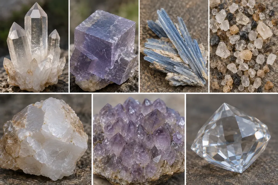 Sei esemplari mostrano prismi appuntiti, un blocco viola, lamine blu, pezzi chiari angolosi, punte viola e una forma trasparente sfaccettata.