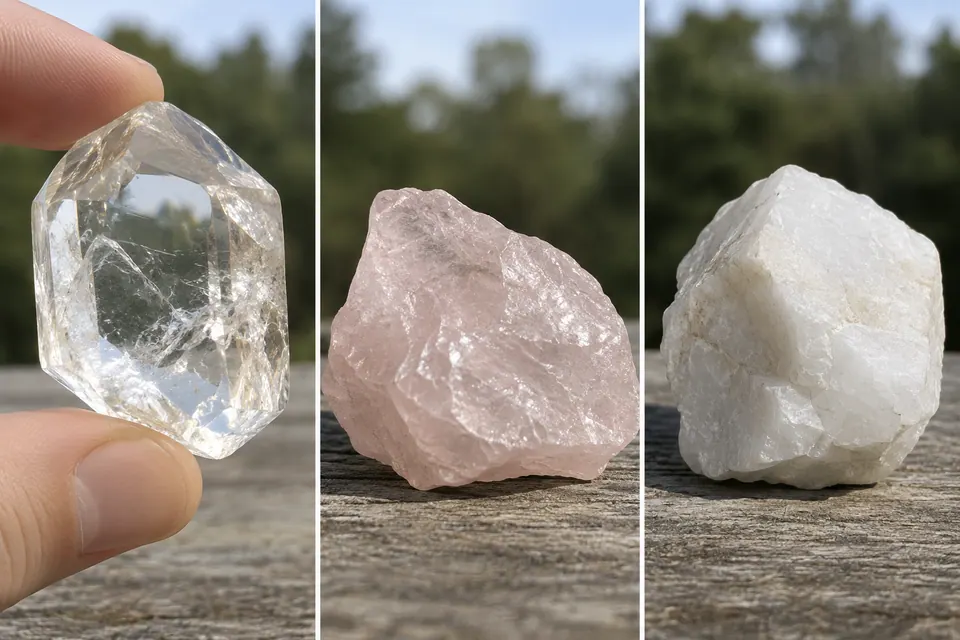 Un pezzo trasparente sfaccettato tenuto tra le dita, accanto a un pezzo rosa pallido e velato e a un pezzo bianco opaco.