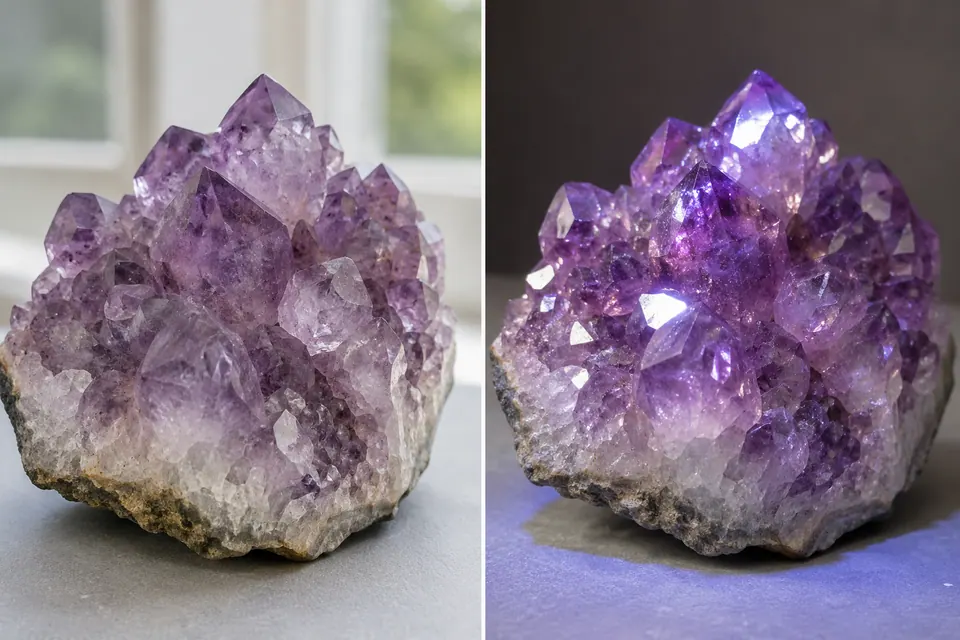 Le punte viola di un cluster di cristalli alla luce morbida di una finestra e in una seconda vista con riflessi violetti vivaci.