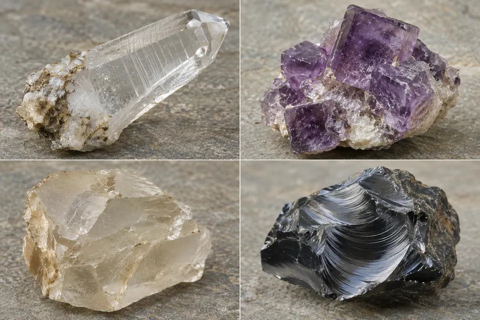 Quattro pezzi grezzi mostrano una punta trasparente striata, facce viola simili a cubi, fratture piatte chiare e onde di frattura scure e curve.