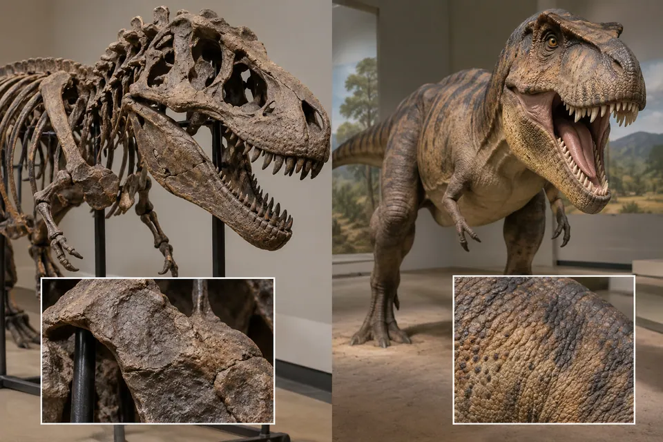 Esqueleto montado de Tyrannosaurus ao lado de uma reconstrução de museu com músculos e pele.