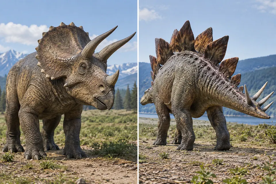 Reconstruções que contrastam um Triceratops com chifres e um Stegosaurus com placas.