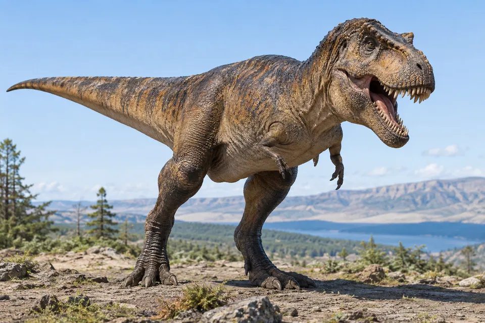 Reconstrução de Tyrannosaurus bem enquadrada, com o corpo e a cauda inteiros à mostra.