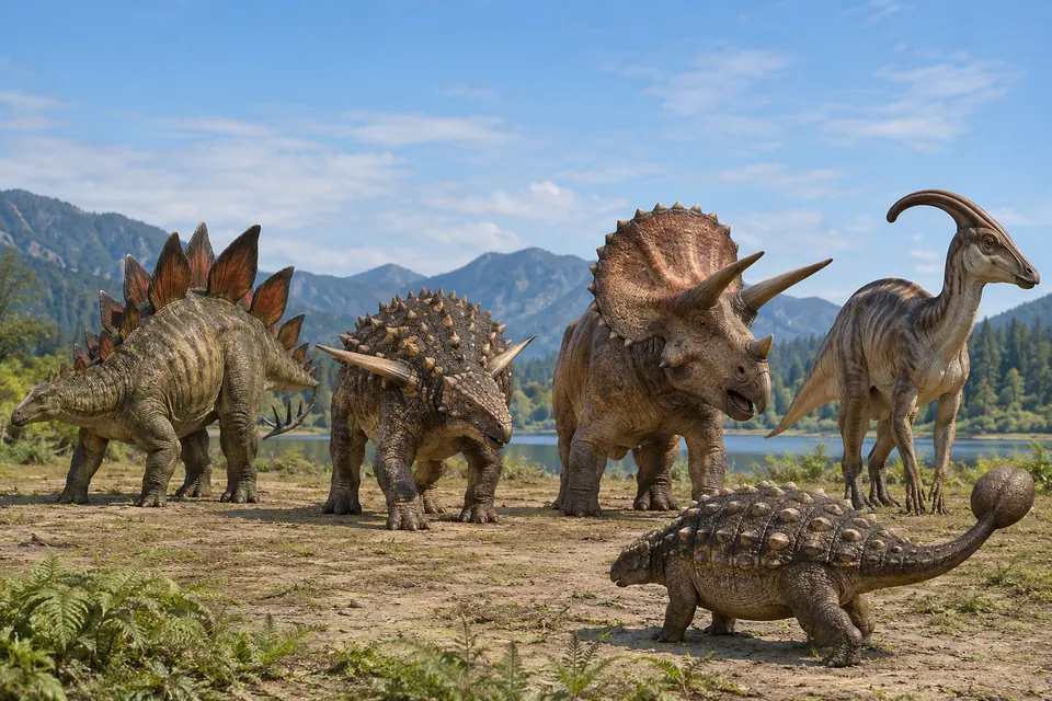 Reconstruções de dinossauros mostrando placas nas costas, armaduras, chifres sobre os olhos, uma crista e uma clava na cauda.