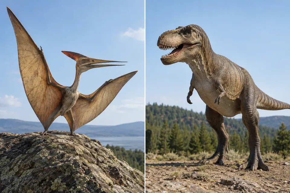 Reconstrução de um pterossauro com asas de membrana ao lado de um dinossauro bípede.