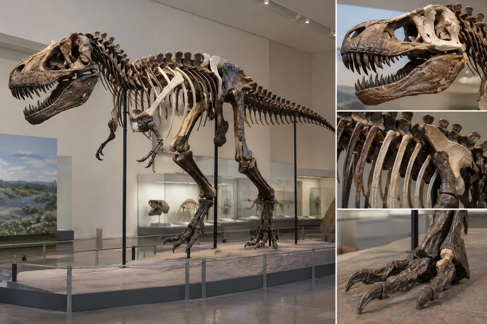 Esqueleto de dinossauro montado, com aproximações do crânio, das costelas e dos pés.