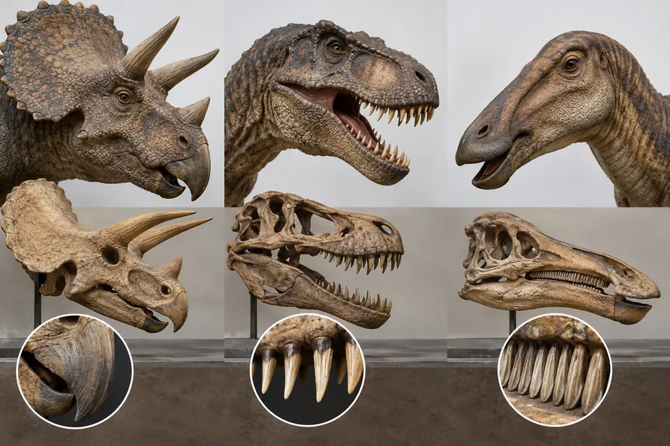 Cabeças e crânios reconstruídos de dinossauros, comparando bicos, chifres e dentes.