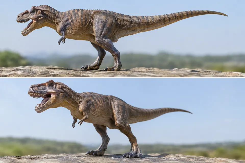 Duas visões laterais de um modelo de dinossauro, mostrando a cabeça, os membros e a cauda inteiros.