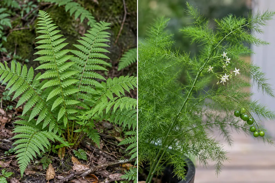 Una fronda di felce divisa accanto a un asparago ornamentale con piccoli fiori e bacche.