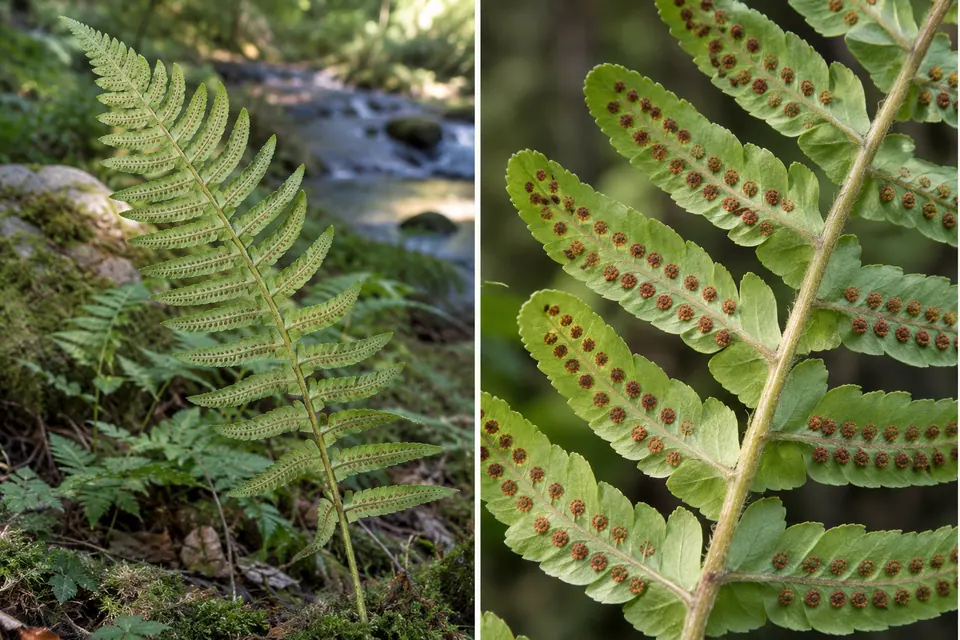 Pagina inferiore di una felce girata in modo naturale, con un primo piano dei gruppi di spore rotondi.