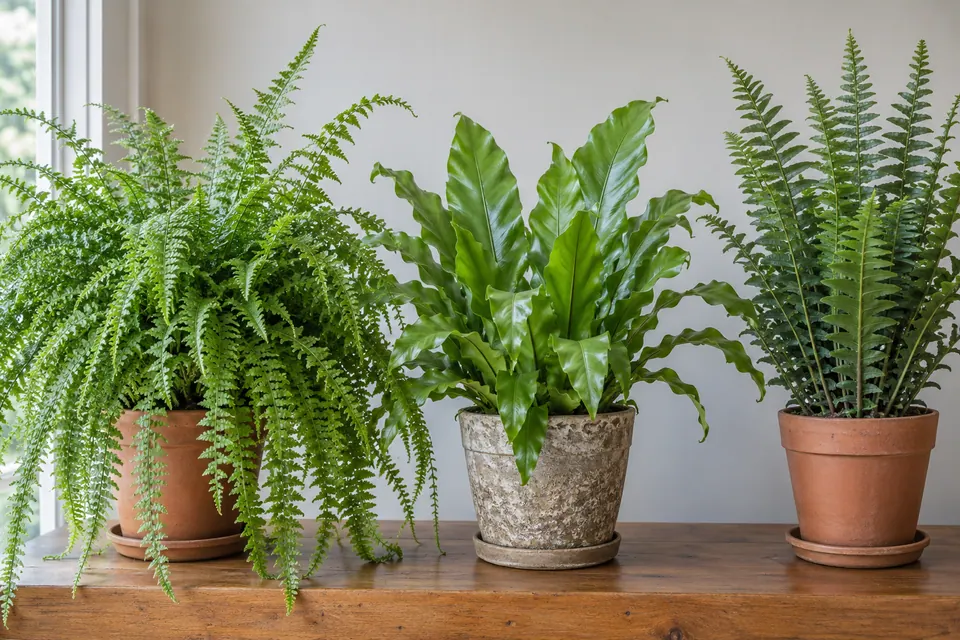 Tre felci in vaso con fronde ricurve, fronde larghe a nido e fronde erette.