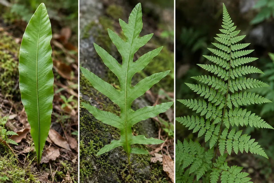 Fronde di felce con una lamina indivisa, lobi profondi e foglioline finemente divise.