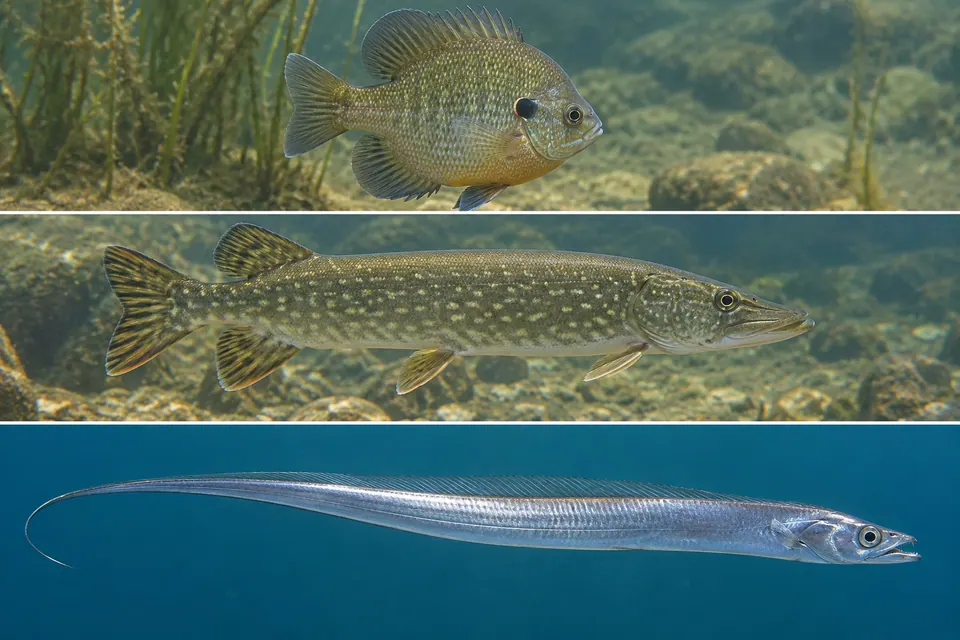 Viste laterali a confronto: un pesce sole dal corpo alto, un luccio snello e un pesce a forma di nastro.