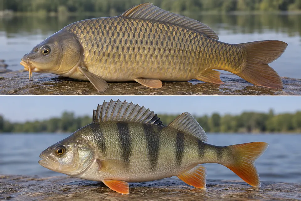 Una carpa comune con barbigli e una lunga pinna dorsale è messa a confronto con un persico reale a fasce, che ha due pinne dorsali.