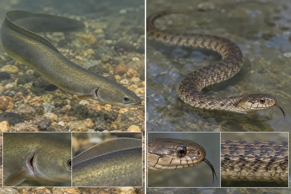 Un'anguilla e un serpente che nuota sono messi a confronto, con primi piani dell'apertura branchiale e delle pinne dell'anguilla e delle squame del serpente.