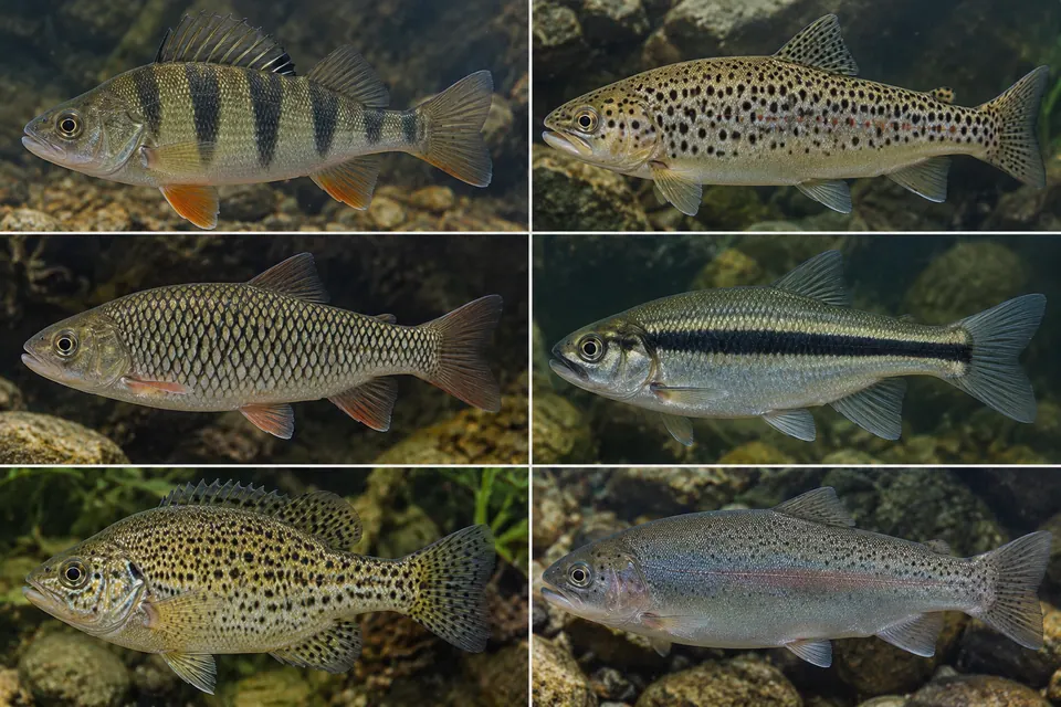 Sei viste dei fianchi di pesci mostrano fasce verticali, macchie, bordi scuri delle squame, una striscia laterale e puntini fini.
