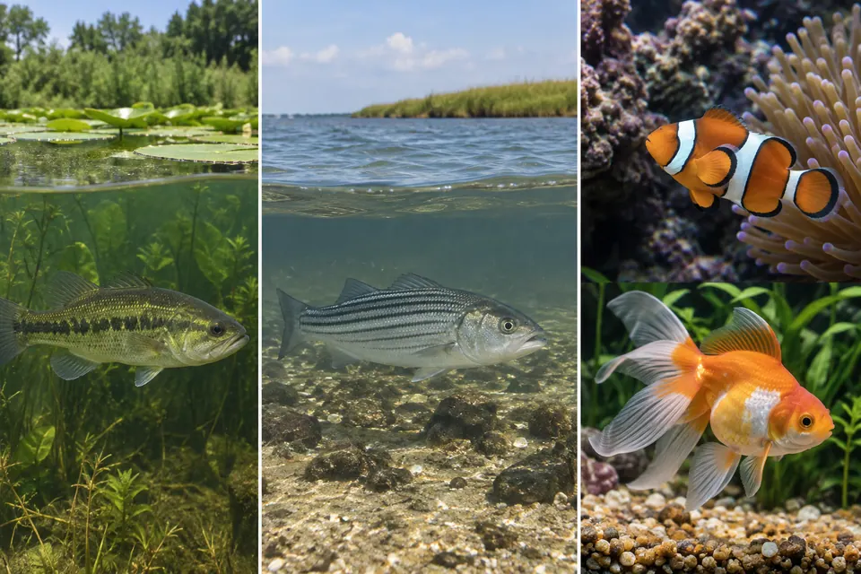 Pesci in uno stagno d'acqua dolce, in acque costiere, in una barriera corallina e in un acquario piantumato mostrano ambienti diversi.