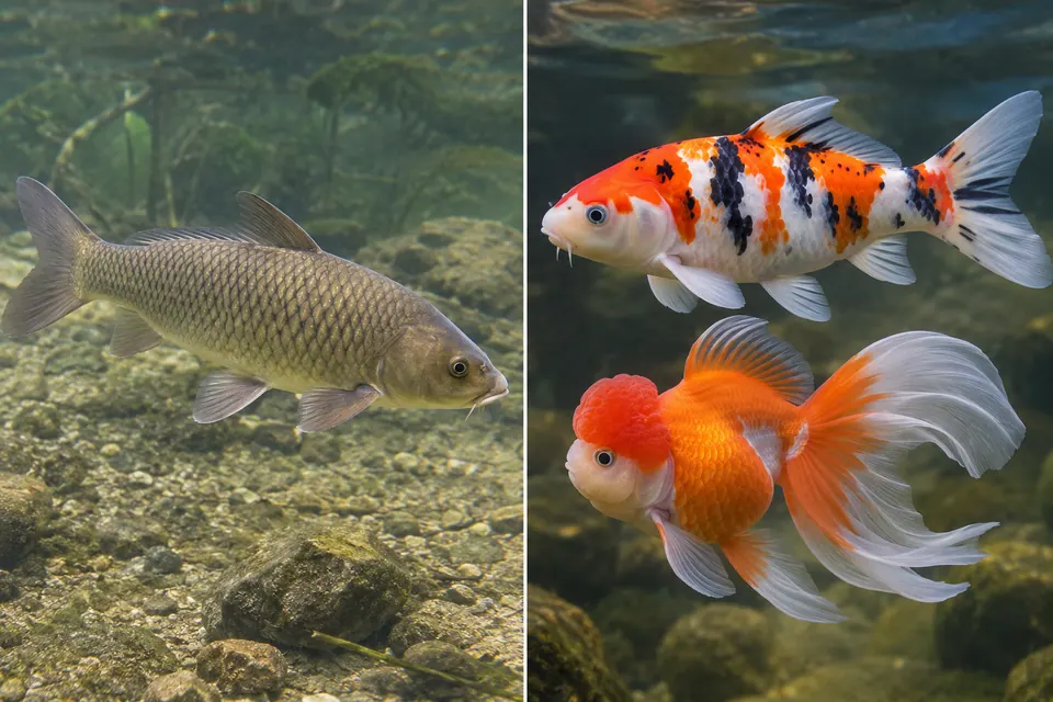 Una carpa dai colori naturali compare accanto a un koi dal disegno vistoso e a un pesce rosso dalle pinne fluenti.