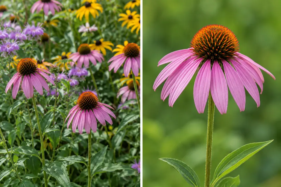 Fiori misti affollati accanto a una sola echinacea ben isolata.