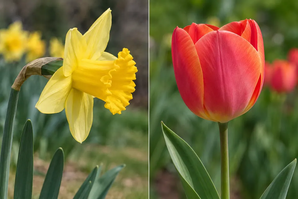 Viste laterali della tromba sporgente di un narciso e del fiore a coppa di un tulipano.