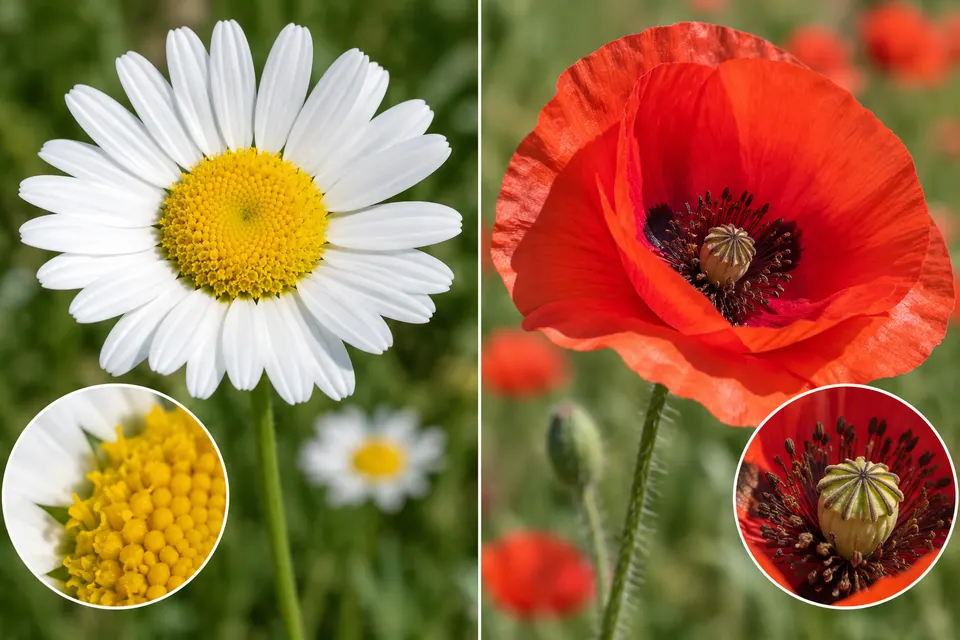 Un capolino di margherita e un singolo fiore di papavero, con i centri ingranditi.