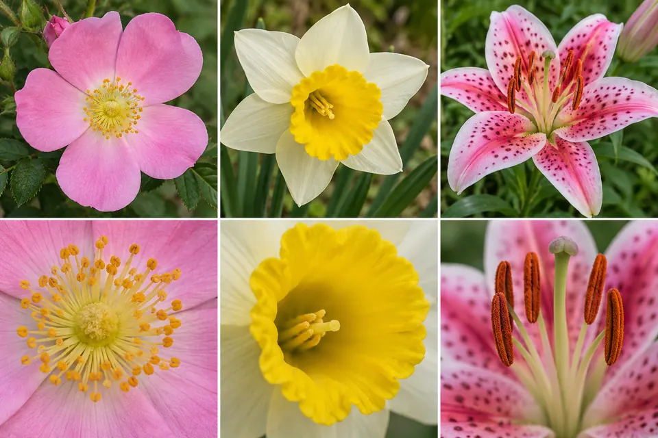 Fiori di rosa, narciso e giglio con viste ingrandite dei loro centri.