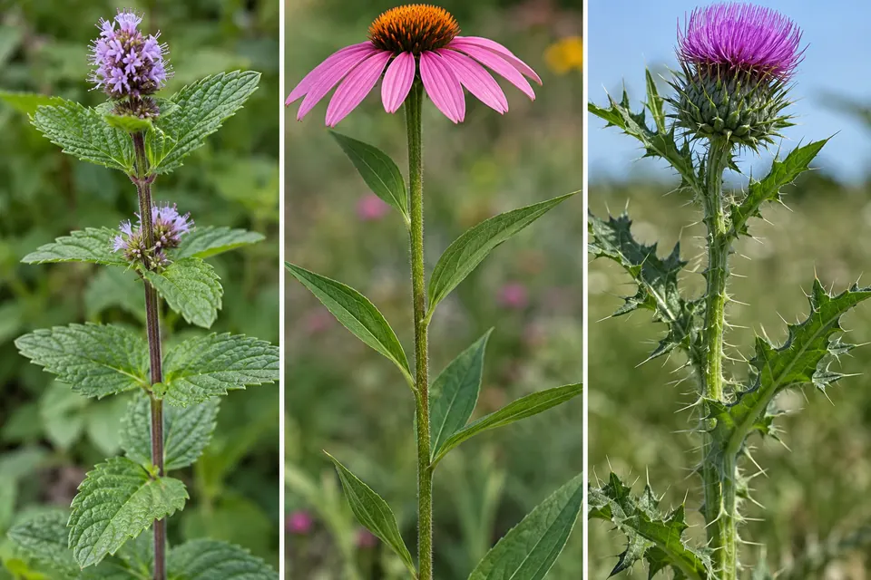 Foglie di menta opposte a coppie, uno stelo di echinacea e il fogliame dentato di un cardo.