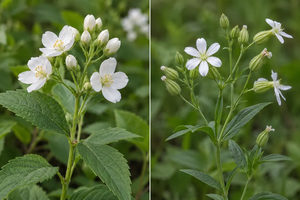Due piante a fiori bianchi che mostrano foglie, boccioli e steli ramificati diversi.