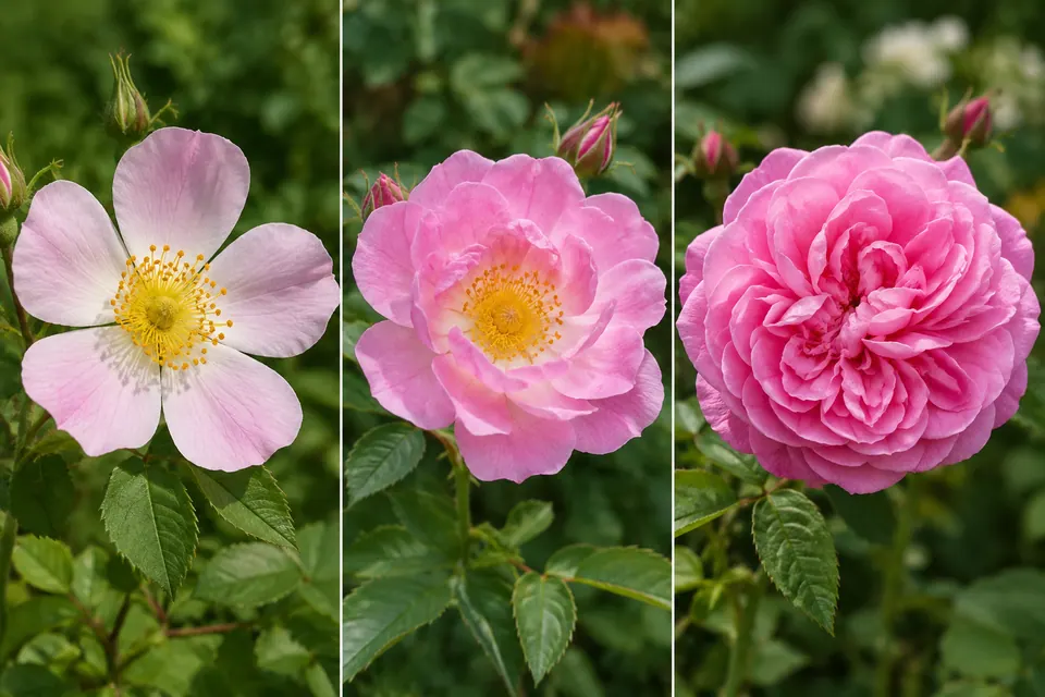 Rose rosa a fiore semplice, semidoppio e fittamente doppio.