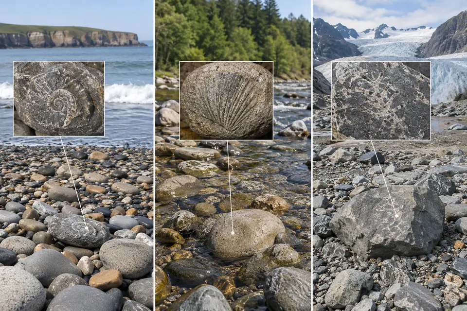Pietre ritrovate accanto a una spiaggia, a un fiume e a un paesaggio glaciale.