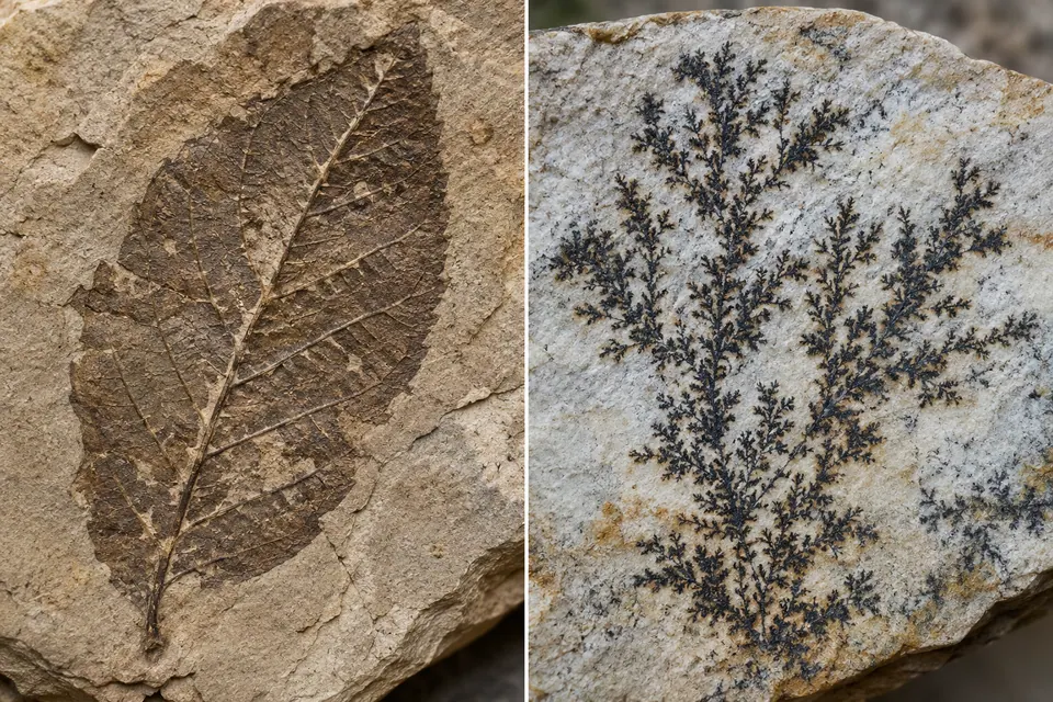 Un fossile di foglia con le nervature accanto a una dendrite minerale ramificata.